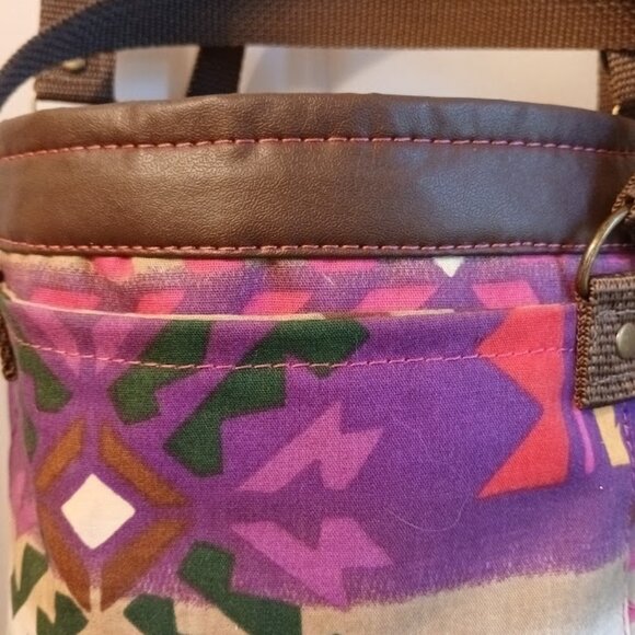 New Bucket Saddle Bag Purse Tote Brown Purple Chevron Aztec print Pleather - Picture 5 of 9